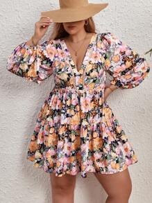 SHEIN VCAY 大碼印花燈籠袖荷葉邊洋裝 - 彩色 - 查看 1