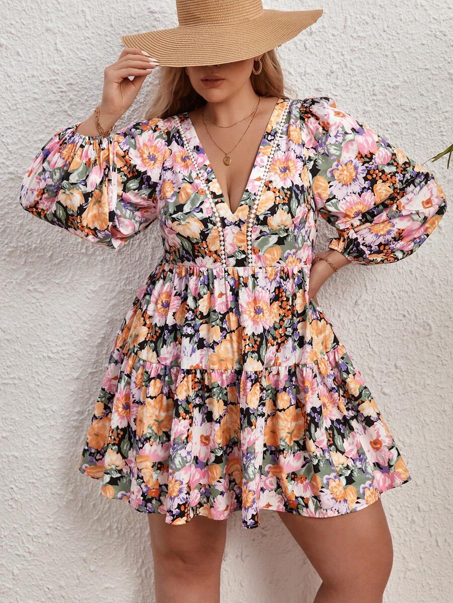 SHEIN VCAY 大碼印花燈籠袖荷葉邊洋裝 - 彩色 - 查看 1