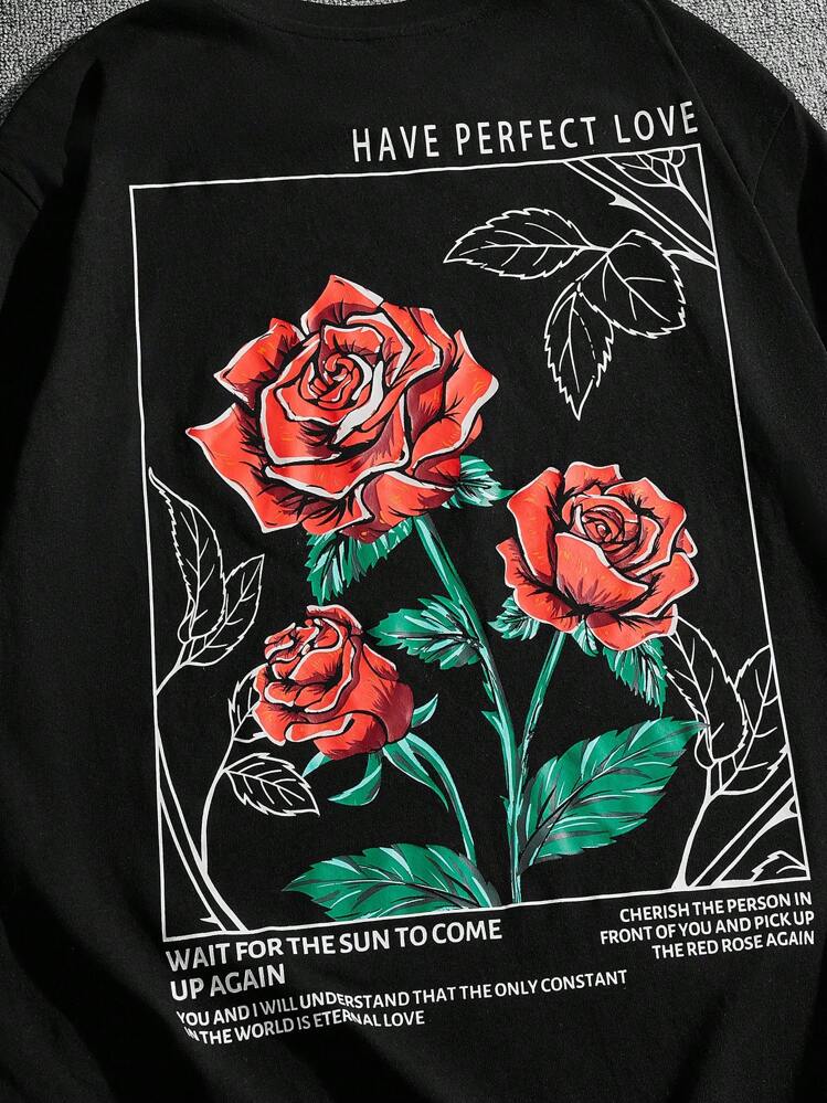 Manfinity VCAY Loose Fit Men Floral & Slogan Graphic T-Shirt - Black - View 4