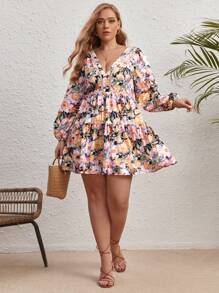 SHEIN VCAY 大碼印花燈籠袖荷葉邊洋裝 - 彩色 - 查看 5