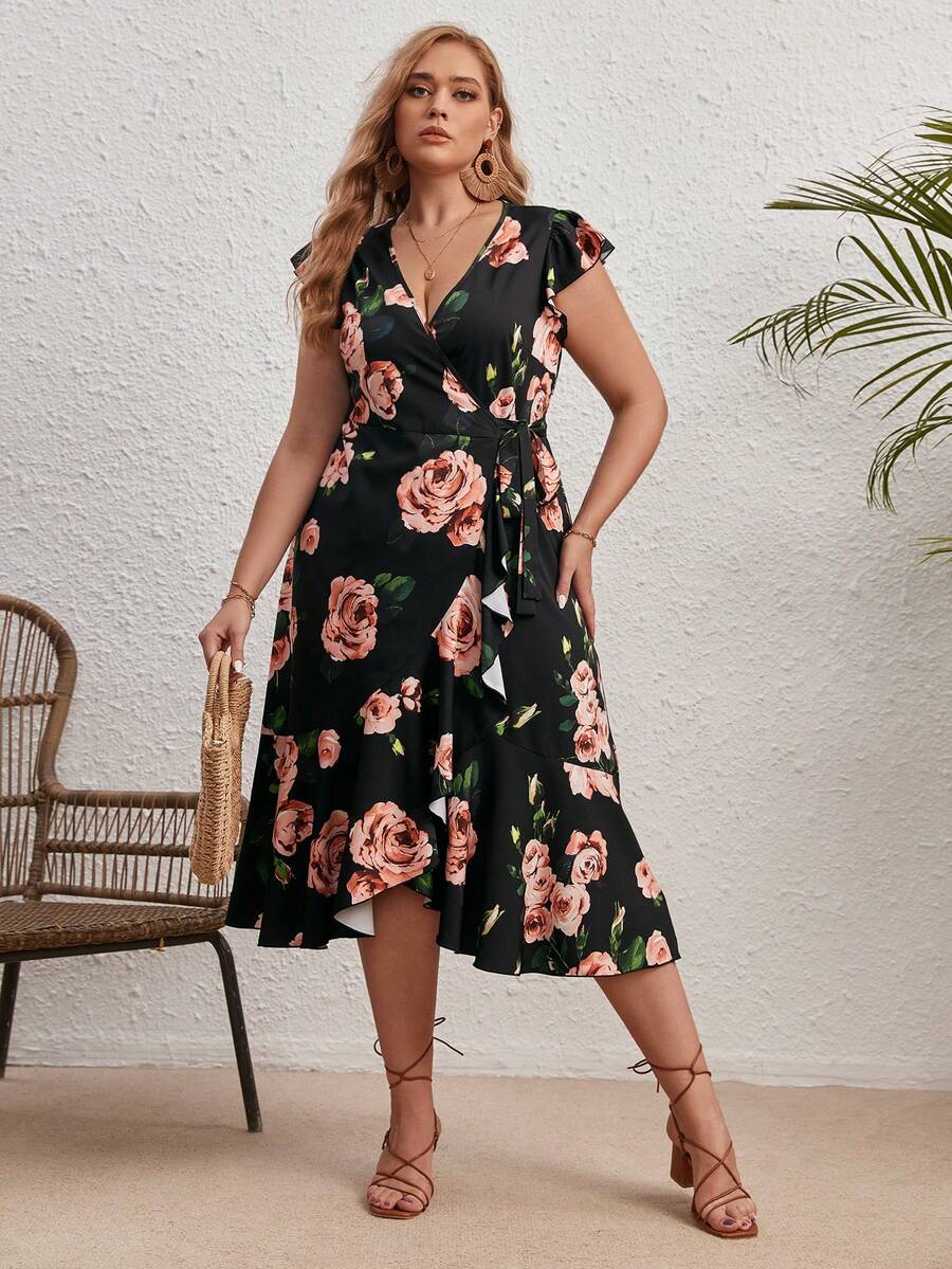 SHEIN VCAY 大碼印花荷葉邊圍裹側打結荷葉邊連衣裙 - 彩色 - 查看 1