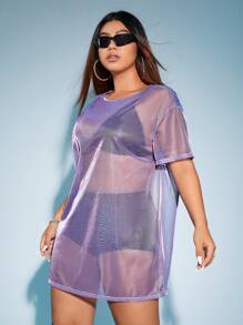 SHEIN ICON Plus Sheer Mesh Dress Without Lingerie Set - Mauve Purple - View 4