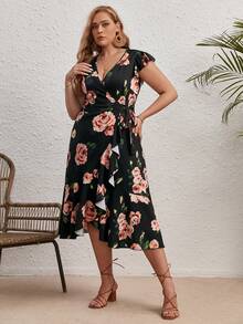 SHEIN VCAY 大碼印花荷葉邊圍裹側打結荷葉邊連衣裙 - 彩色 - 查看 3