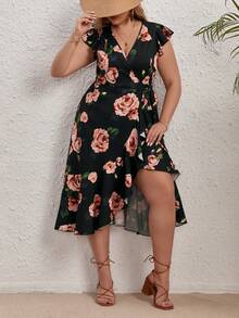 SHEIN VCAY 大碼印花荷葉邊圍裹側打結荷葉邊連衣裙 - 彩色 - 查看 5