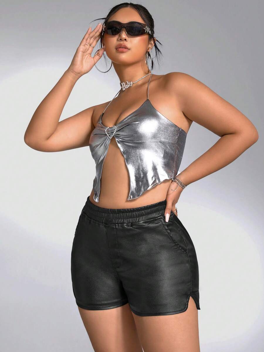 SHEIN ICON 加大碼彈性腰口斜插口袋短褲 - 黑色 - 查看 1