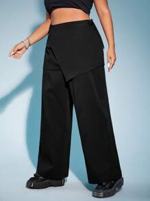 SHEIN ICON 大碼素色側打結二合一長褲 - 黑色 - 查看 4