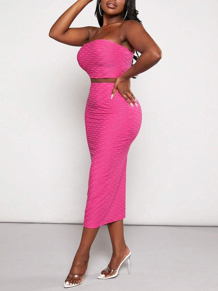 Slaydiva unicolor Top bandeau & Falda de lápiz - Rosa Fucsia - Añade 1