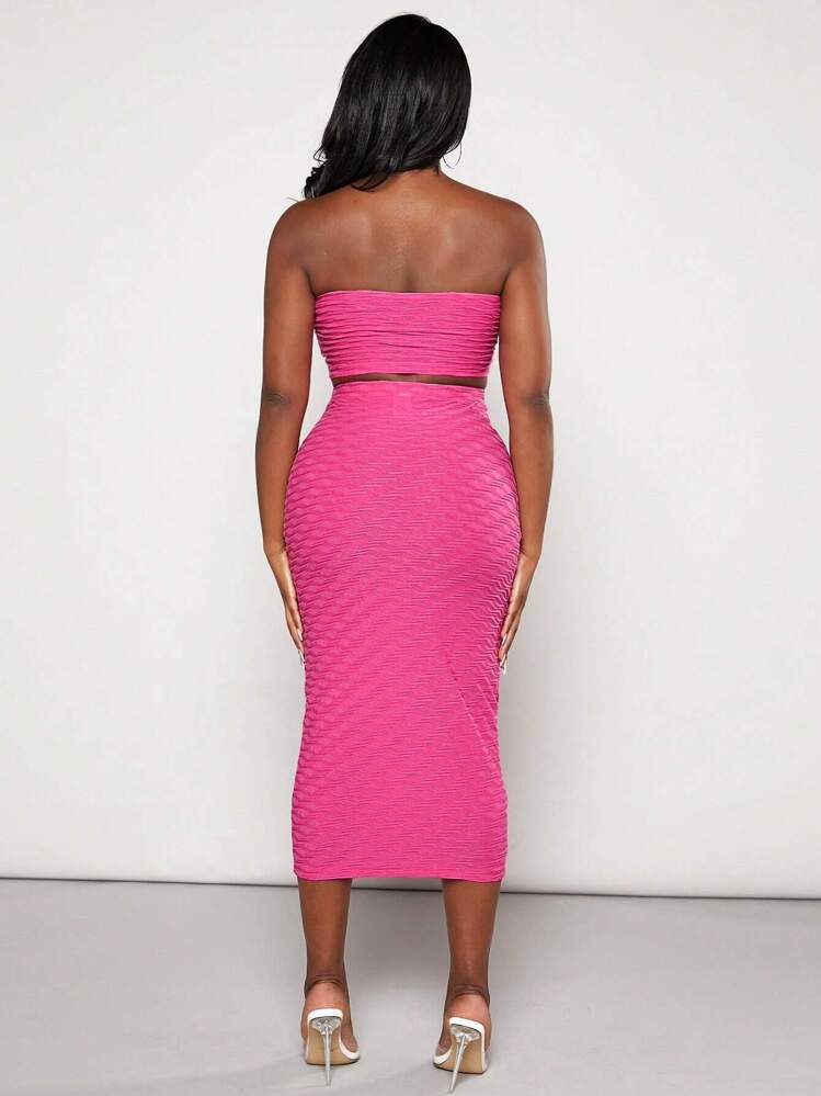 Slaydiva unicolor Top bandeau & Falda de lápiz - Rosa Fucsia - Añade 2