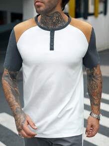 GENTILAND Men Colourblock Button Half Placket Tee - White - View 1