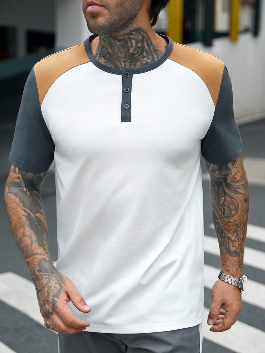 GENTILAND Men Colourblock Button Half Placket Tee - White - View 1