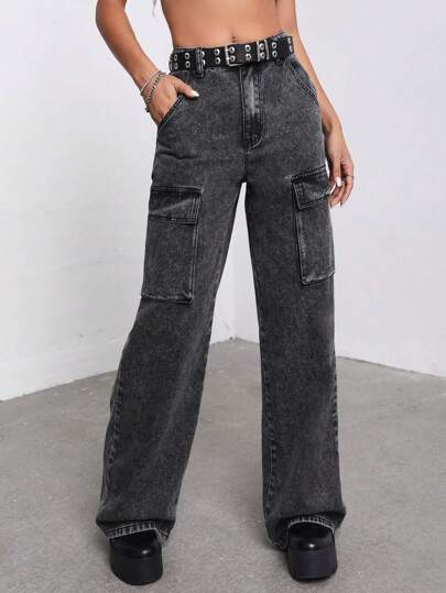 SHEIN ICON 翻蓋口袋工裝牛仔褲不附腰帶