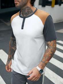 GENTILAND Men Colourblock Button Half Placket Tee - White - View 3