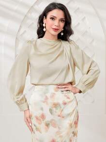 Modelyn 素色垂領燈籠袖襯衫 - 杏色 - 查看 4