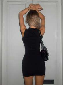 SHEIN ICON Rhinestone Detail Sequin Bodycon Black Dress - Black and White - View 2