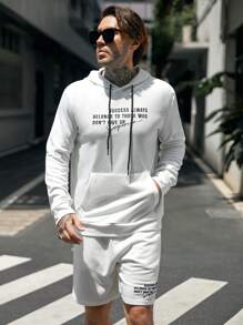 Manfinity Homme Nam Thêu Khẩu hiệu Túi kangaroo Dây rút Áo Hoodie & Quần Short - trắng - Xem 4
