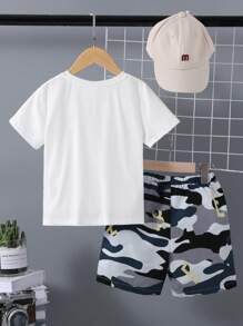 SHEIN 2入組/套 男童休閒簡約透氣舒適潮流小熊卡通圖案 T恤迷彩印花短褲 - 彩色 - 查看 2