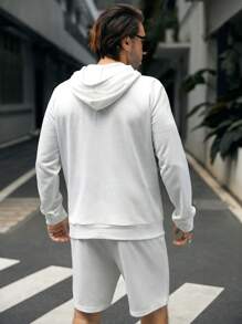 Manfinity Homme Nam Thêu Khẩu hiệu Túi kangaroo Dây rút Áo Hoodie & Quần Short - trắng - Xem 2