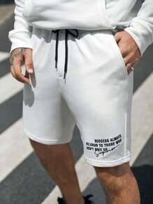 Manfinity Homme Nam Thêu Khẩu hiệu Túi kangaroo Dây rút Áo Hoodie & Quần Short - trắng - Xem 3