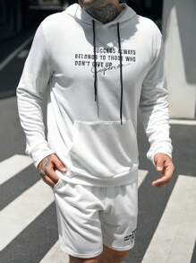 Manfinity Homme Nam Thêu Khẩu hiệu Túi kangaroo Dây rút Áo Hoodie & Quần Short - trắng - Xem 1