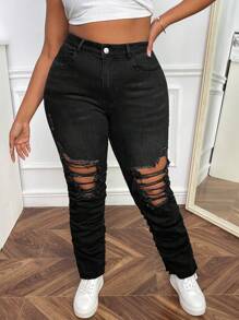 SHEIN SXY Hơn Cao eo Quần jean rách - màu đen - Xem 3