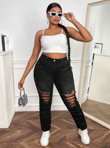 SHEIN SXY Hơn Cao eo Quần jean rách - màu đen - Xem 5