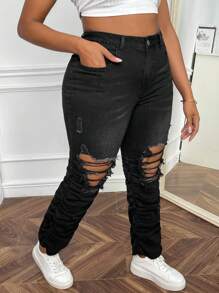 SHEIN SXY Hơn Cao eo Quần jean rách - màu đen - Xem 6