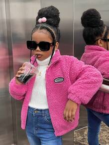 SHEIN Tween Girl Letter Patched Detail Drop Shoulder Teddy Jacket - Hot Pink - View 4