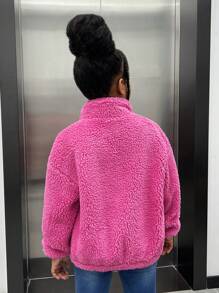 SHEIN Tween Girl Letter Patched Detail Drop Shoulder Teddy Jacket - Hot Pink - View 2