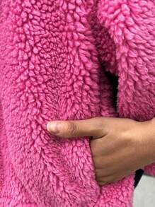 SHEIN Tween Girl Letter Patched Detail Drop Shoulder Teddy Jacket - Hot Pink - View 3