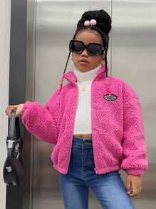 SHEIN Tween Girl Letter Patched Detail Drop Shoulder Teddy Jacket - Hot Pink - View 1