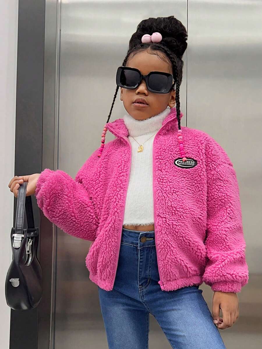 SHEIN Tween Girl Letter Patched Detail Drop Shoulder Teddy Jacket - Hot Pink - View 1