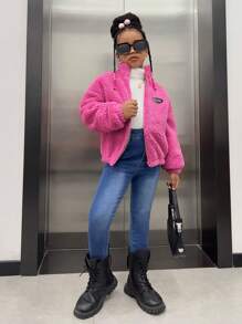 SHEIN Tween Girl Letter Patched Detail Drop Shoulder Teddy Jacket - Hot Pink - View 5