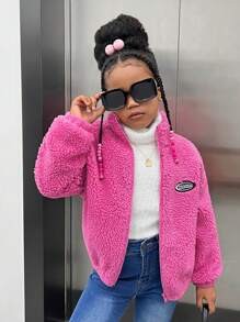 SHEIN Tween Girl Letter Patched Detail Drop Shoulder Teddy Jacket - Hot Pink - View 6