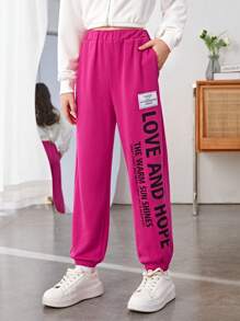 SHEIN Tween Girl Slogan Graphic Patch Detail Sweatpants