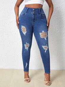 SHEIN SXY Hơn Cao eo Quần jean rách - Rửa trung bình - Xem 1