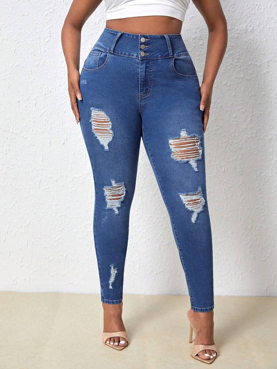 SHEIN SXY Hơn Cao eo Quần jean rách - Rửa trung bình - Xem 1