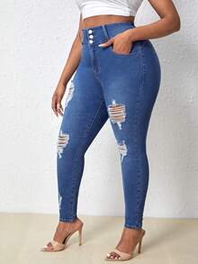 SHEIN SXY Hơn Cao eo Quần jean rách - Rửa trung bình - Xem 3