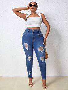 SHEIN SXY Hơn Cao eo Quần jean rách - Rửa trung bình - Xem 4