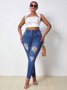 SHEIN SXY Hơn Cao eo Quần jean rách - Rửa trung bình - Xem 5