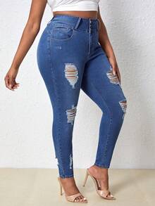 SHEIN SXY Hơn Cao eo Quần jean rách - Rửa trung bình - Xem 6