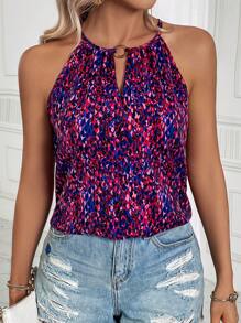 SHEIN LUNE Allover Print Keyhole Neckline Halter Top - Multicolor - View 1