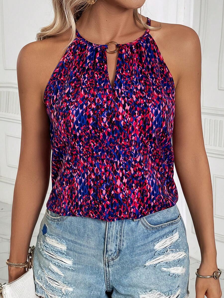 SHEIN LUNE Allover Print Keyhole Neckline Halter Top - Multicolor - View 1