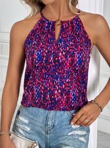 SHEIN LUNE Allover Print Keyhole Neckline Halter Top - Multicolor - View 3