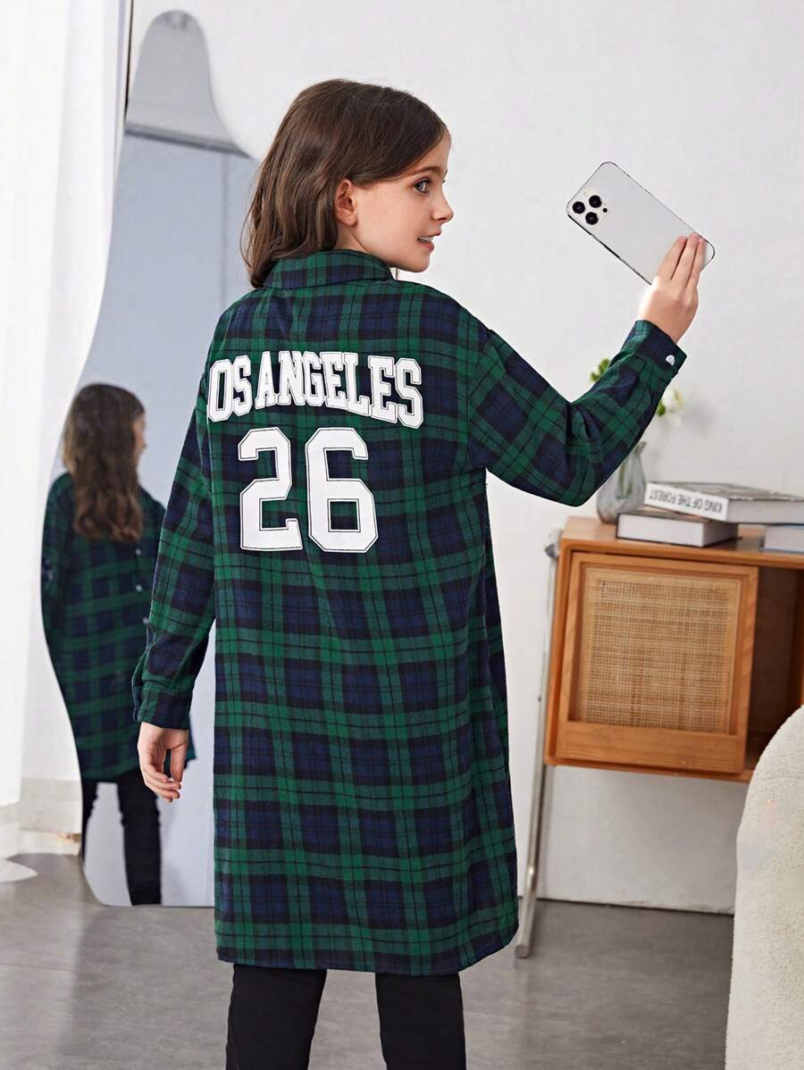 SHEIN 女大童字母&格紋印花落肩袖襯衫 - 彩色 - 查看 1