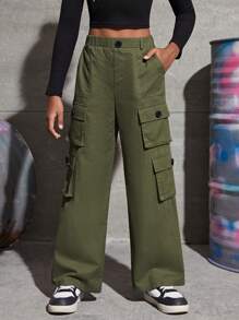 SHEIN Pantalones cargo informales de sarga verde para niñas preadolescentes - Verde militar - Ver 4