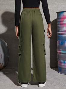 SHEIN Pantalones cargo informales de sarga verde para niñas preadolescentes - Verde militar - Ver 2