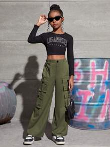 SHEIN Pantalones cargo informales de sarga verde para niñas preadolescentes - Verde militar - Ver 3