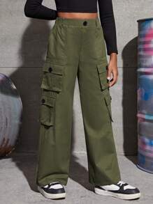 SHEIN Pantalones cargo informales de sarga verde para niñas preadolescentes - Verde militar - Ver 1