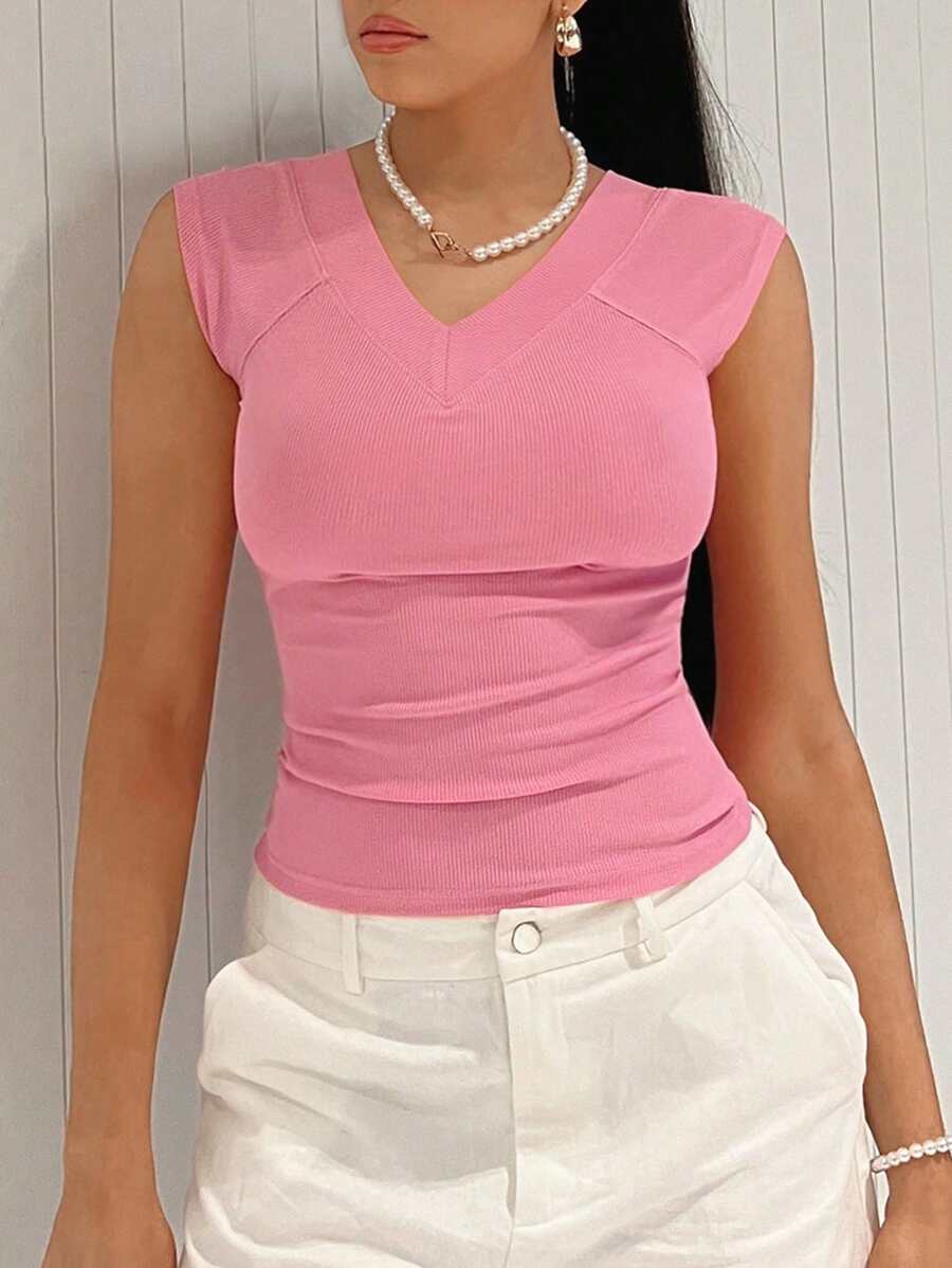 SHEIN EZwear 素色V領T恤 - 粉色 - 查看 1