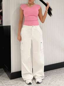 SHEIN EZwear 素色V領T恤 - 粉色 - 查看 5